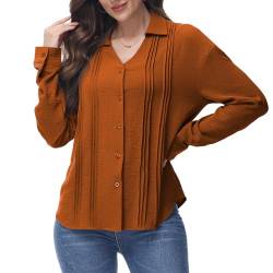 Tanmolo Bluse Damen mit Knopfleiste Lässiges Hemd mit V-Ausschnitt Plissierte Oberteil Langarmshirt Elegant Hemdbluse Karamellfarbe, XXL von Tanmolo