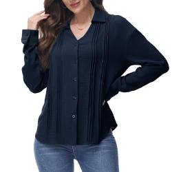 Tanmolo Bluse Damen mit Knopfleiste Lässiges Hemd mit V-Ausschnitt Plissierte Oberteil Langarmshirt Elegant Hemdbluse Navy Blau, XL von Tanmolo