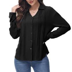 Tanmolo Bluse Damen mit Knopfleiste Lässiges Hemd mit V-Ausschnitt Plissierte Oberteil Langarmshirt Elegant Hemdbluse Schwarz, L von Tanmolo