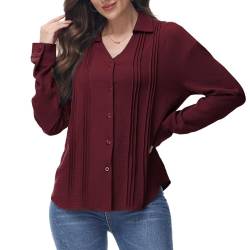 Tanmolo Bluse Damen mit Knopfleiste Lässiges Hemd mit V-Ausschnitt Plissierte Oberteil Langarmshirt Elegant Hemdbluse Weinrot, 3XL von Tanmolo