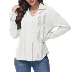 Tanmolo Bluse Damen mit Knopfleiste Lässiges Hemd mit V-Ausschnitt Plissierte Oberteil Langarmshirt Elegant Hemdbluse Weiß, M von Tanmolo