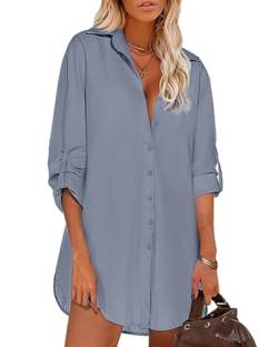 Tanmolo Damen Baumwolle Bluse V-Ausschnitt 3/4 Ärmel Lässiges Hemd zum Knöpfen Langarmshirt Casual Oberteile Tops (Haze Blau,XXL) von Tanmolo