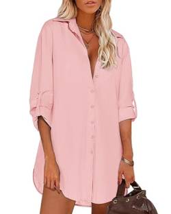 Tanmolo Damen Baumwolle Bluse V-Ausschnitt 3/4 Ärmel Lässiges Hemd zum Knöpfen Langarmshirt Casual Oberteile Tops (Rosa,XXL) von Tanmolo