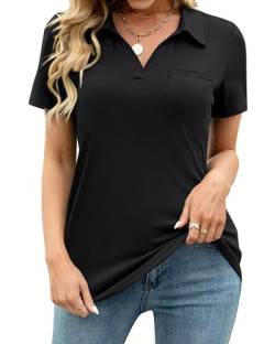 Tanmolo Damen Bluse Elegant V-Ausschnitt Polo T-Shirt Kurzarm Baumwolle Poloshirt Freizeitshirt Damen-Oberteile Schwarz, L von Tanmolo