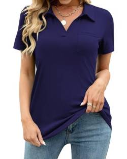 Tanmolo Damen Bluse Elegant V-Ausschnitt Polo T-Shirt Kurzarm Poloshirt Freizeitshirt Damen-Oberteile Navy Blau, L von Tanmolo