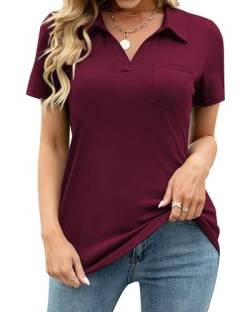 Tanmolo Damen Bluse Elegant V-Ausschnitt Polo T-Shirt Kurzarm Poloshirt Freizeitshirt Damen-Oberteile Weinrot, M von Tanmolo