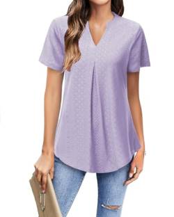 Tanmolo Damen Bluse Kurzarm Bügelfrei Elegant Tunika Casual V-Ausschnitt Locker Oberteile Helllila M von Tanmolo