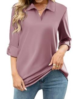 Tanmolo Damen Bluse V-Ausschnitt 3/4 Ärmel Hemd Elegant Langarm Casual Oberteile Aufrollbaren Ärmeln Locker Blusen (Altrosa,L) von Tanmolo