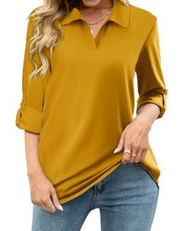 Tanmolo Damen Bluse V-Ausschnitt 3/4 Ärmel Hemd Elegant Langarm Casual Oberteile Aufrollbaren Ärmeln Locker Blusen (Gelb,L) von Tanmolo