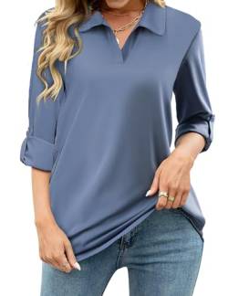 Tanmolo Damen Bluse V-Ausschnitt 3/4 Ärmel Hemd Elegant Langarm Casual Oberteile Aufrollbaren Ärmeln Locker Blusen (Haze Blau,XL) von Tanmolo