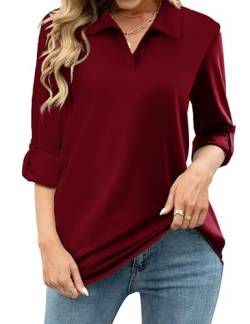 Tanmolo Damen Bluse V-Ausschnitt 3/4 Ärmel Hemd Elegant Langarm Casual Oberteile Aufrollbaren Ärmeln Locker Blusen (Weinrot,XXL) von Tanmolo