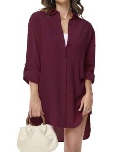 Tanmolo Damen Bluse V-Ausschnitt Hemdbluse Langarm Lässiges Hemd zum Knöpfen Langarmshirt Casual Oberteile Aufrollen Tops (Weinrot,XL) von Tanmolo