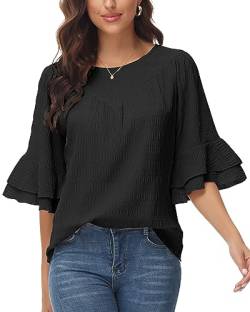 Tanmolo Damen Elegant Bluse 3/4 Ärmel Rüschen Lässige Oberteile Lose Rundhals Tunika Shirt Casual Tops Schwarz, XL von Tanmolo