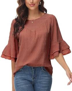 Tanmolo Damen Elegant Bluse 3/4 Ärmel Rüschen Lässige Oberteile Lose Rundhals Tunika Shirt Casual Tops Wein Rot, M von Tanmolo