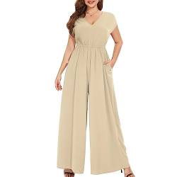 Tanmolo Damen Jumpsuit Elegant Sommer Ärmellos V-Ausschnitt Overall Weites Bein Romper Mit Taschen (Aprikose, L) von Tanmolo