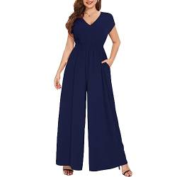 Tanmolo Damen Jumpsuit Elegant Sommer Ärmellos V-Ausschnitt Overall Weites Bein Romper Mit Taschen (Navy Blau, M) von Tanmolo