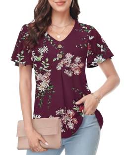 Tanmolo Damen Kurzarm Bluse Elegant V-Ausschnitt T-Shirt Kurzarm Rüschenärmel Freizeitshirt Tunika Tops Blumen Rot, XXL von Tanmolo