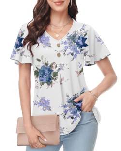 Tanmolo Damen Kurzarm Bluse Elegant V-Ausschnitt T-Shirt Kurzarm Rüschenärmel Freizeitshirt Tunika Tops Lila Rose, L von Tanmolo