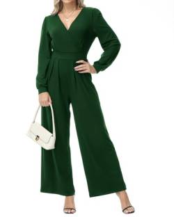 Tanmolo Damen Lang Jumpsuit Langarm V-Ausschnitt Overall Elegant Hosenanzug Weites Bein Romper Mit Taschen (Dunkelgrün, S) von Tanmolo