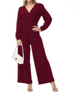 Tanmolo Damen Lang Jumpsuit Langarm V-Ausschnitt Overall Elegant Hosenanzug Weites Bein Romper Mit Taschen (Weinrot, S) von Tanmolo