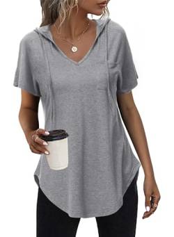 Tanmolo Damen Sommer Hoodie Sweatshirt mit Kapuze Kurzarm T Shirt V Ausschnitt Kapuzenpullover Kordelzug Tops Grau, L von Tanmolo