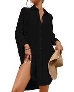 Tanmolo Damen Strandkleid Bikini Cover Up Sommer Strandbluse Strandhemd V-Ausschnitt Strandponcho Bademode Strand Vertuschen Shirt (Schwarz,L) von Tanmolo