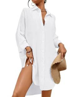 Tanmolo Damen Strandkleid Bikini Cover Up Sommer Strandbluse Strandhemd V-Ausschnitt Strandponcho Bademode Strand Vertuschen Shirt (Weiß,S) von Tanmolo