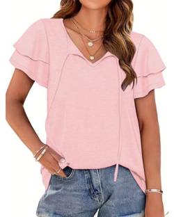 Tanmolo Damen Tshirt V-Ausschnitt Sommer Top Rüschen Kurzarm Oberteile Elegant Bluse T-Shirt Tunika mit Kordelzug Hellrosa, L von Tanmolo