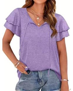 Tanmolo Damen Tshirt V-Ausschnitt Sommer Top Rüschen Kurzarm Oberteile Elegant Bluse T-Shirt Tunika mit Kordelzug Lilac, XL von Tanmolo