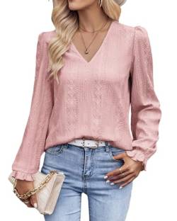 Tanmolo Langarmshirt Damen Bluse Elegant Langarm Pullover V-Ausschnitt Tunika Lässige Oberteile Puffärmel Blusenshirt Basic Tops Altrosa, M von Tanmolo