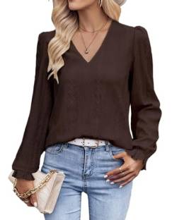 Tanmolo Langarmshirt Damen Bluse Elegant Langarm Pullover V-Ausschnitt Tunika Lässige Oberteile Puffärmel Blusenshirt Basic Tops Braun, XXL von Tanmolo