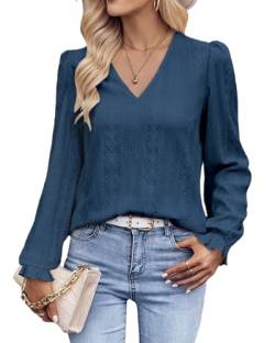 Tanmolo Langarmshirt Damen Bluse Elegant Langarm Pullover V-Ausschnitt Tunika Lässige Oberteile Puffärmel Blusenshirt Basic Tops Graublau, L von Tanmolo