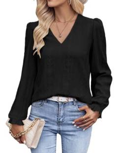 Tanmolo Langarmshirt Damen Bluse Elegant Langarm Pullover V-Ausschnitt Tunika Lässige Oberteile Puffärmel Blusenshirt Basic Tops Schwarz, L von Tanmolo