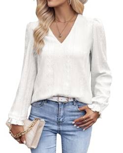 Tanmolo Langarmshirt Damen Bluse Elegant Langarm Pullover V-Ausschnitt Tunika Lässige Oberteile Puffärmel Blusenshirt Basic Tops Weiß, L von Tanmolo