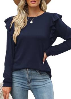 Tanmolo Langarmshirt Oberteile Damen Rüschen lässig Top mit Rundhals Tunika Langarm Bluse Shirts Marineblau, L von Tanmolo