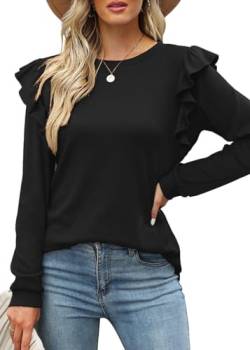 Tanmolo Langarmshirt Oberteile Damen Rüschen lässig Top mit Rundhals Tunika Langarm Bluse Shirts Schwarz, L von Tanmolo