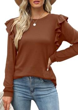 Tanmolo Langarmshirt Oberteile Damen Rüschen lässig Top mit Rundhals Tunika Langarm Bluse Shirts braun, L von Tanmolo