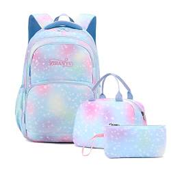 Tanou Mädchen 3PCS Herz Druck Schulrucksack Mädchen Set, Grundschule Kinder Büchertasche mit Mittagessen Tasche Bleistift Box, 3 in 1 Leichte Schultasche, Blau Liebe von Tanou