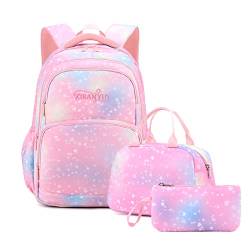 Tanou Mädchen 3PCS Herz Druck Schulrucksack Mädchen Set, Grundschule Kinder Büchertasche mit Mittagessen Tasche Bleistift Box, 3 in 1 Leichte Schultasche, Rosa Liebe von Tanou