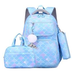 Tanou Schulrucksack Mädchen 4 Teilig Rucksack Mädchen Teenager, Große Schultasche Kinder der 3. bis 7. Klasse, Nylon Schulranzen mit Lunchtasche Stiftetasche, Blau von Tanou