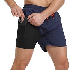 Tansozer Badehose Herren Badeshorts Kurz Schwimmhose Für Herren Schnelltrocknend Badehosen Kompression Männer Boardshorts Badehose mit Innenhose Dunkelblau 2XL von Tansozer