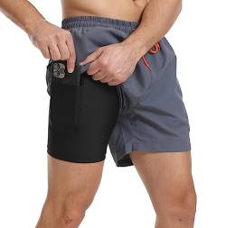 Tansozer Badehose Herren Badeshorts Kurz Schwimmhose Für Herren Schnelltrocknend Badehosen Kompression Männer Boardshorts Badehose mit Innenhose Grau XL von Tansozer