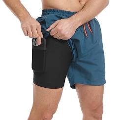 Tansozer Badehose Herren Badeshorts Kurz Schwimmhose Für Herren Schnelltrocknend Badehosen Kompression Männer Boardshorts Badehose mit Innenhose Pfauenblau 3XL von Tansozer