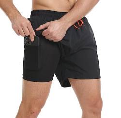 Tansozer Badehose Herren Badeshorts Kurz Schwimmhose Für Herren Schnelltrocknend Badehosen Kompression Männer Boardshorts Badehose mit Innenhose Schwarz 2XL von Tansozer