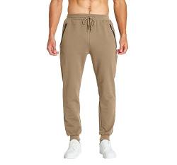 Tansozer Jogginghose Herren Baumwolle Trainingshose Herren Sporthose Herren Lang Hosen Männer Reissverschluss Taschen Khaki 2XL von Tansozer