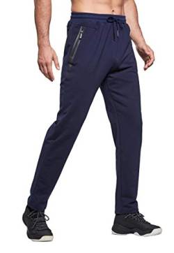 Tansozer Jogginghose Herren Baumwolle Trainingshose Männer Sporthose Herren Lang Fitness Hosen Herren Reissverschluss Taschen Ohne Bündchen Blau 3XL von Tansozer