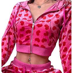 Frauen Pink Heart Print Zip Up Y2k Samt Crop Hoodies Langarm Jacken Kawaii Zipper Sweatshirts Outfits E-Girl 90er Streetwear von Taooolll