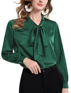 Tapata Bluse Damen Elegant Satin Button Down Hemd mit Schleife Female Hemdblus Langarm Business Langarmshirt, Dunkelgrün,Klein von Tapata