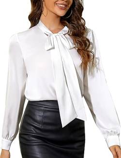 Tapata Bluse Damen Elegant Satin Button Down Hemd mit Schleife Female Hemdblus Langarm Business Langarmshirt, Weiss,Klein von Tapata