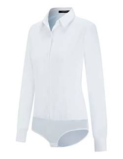 Tapata Damen-Bodysuit-Bluse mit Knopfleiste, einteilig, Langarm, solides Büroarbeitshemd, lässige Oberteile, Weiß, L von Tapata